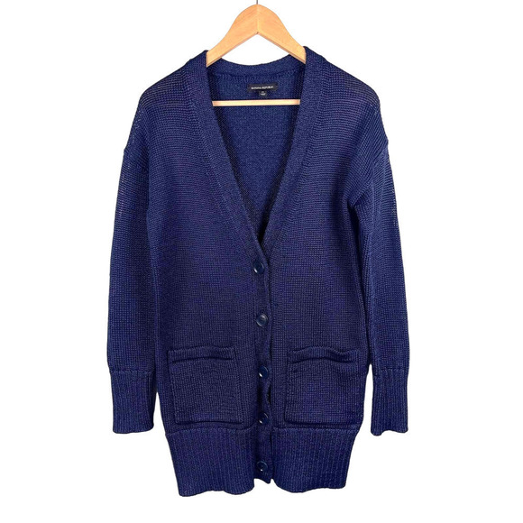 Banana Republic Metallic Navy Blue Boyfriend Cardigan Longline Women's Medium - Picture 1 of 8